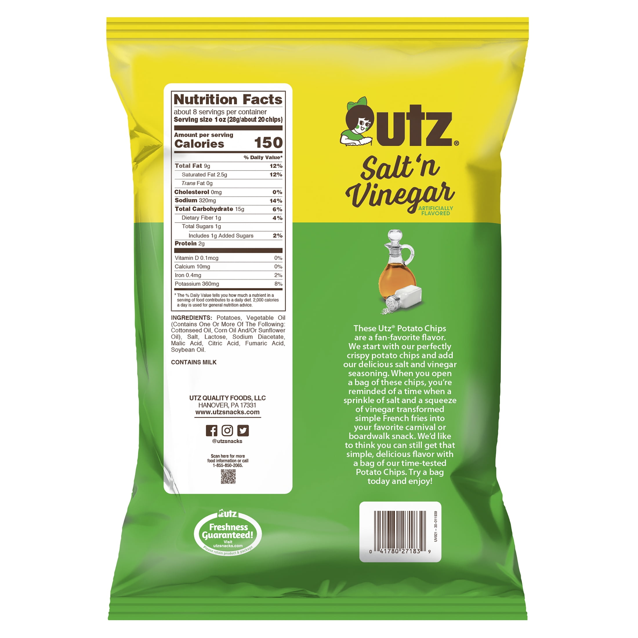 (3 pack) Utz Salt 'n Vinegar Potato Chips, Gluten-Free, Family Size, 7.75 oz Bag