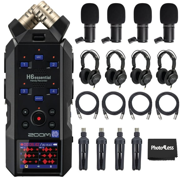 Zoom H6essential 6-Track 32-Bit Float Portable Audio Recorder Bundle With 4x Zoom ZDM-1 Podcast Mic Pack with Headphones, Windscreen, XLR Cable and Tabletop Stand