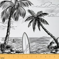 Castle Fairy Hawaii Beach Fabric by the Yard 2 Yards, Surfboard Palm Tree Sea Fabric for Sewing, White Black Gray Sketch Home Decor Fabric by the Yard, Microfiber Bedroom Decor