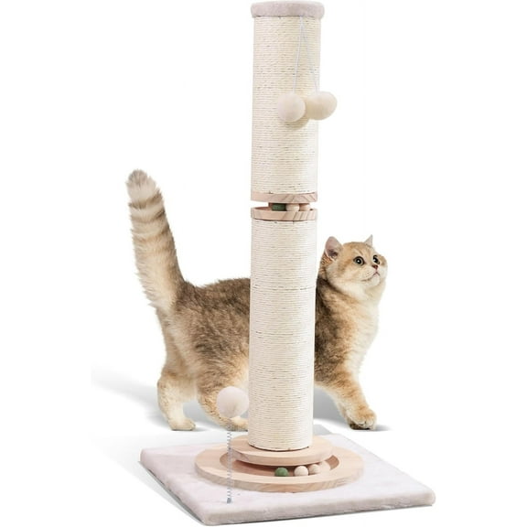 33" Tall Cat Scratching Post, 4.3Inch Large Diameter Natural Sisal Rope Scratcher Post, 5-in-1 Interactive Turntable Cat Scratch Post with Soft Hanging Ball Toys for Indoor Large Cats