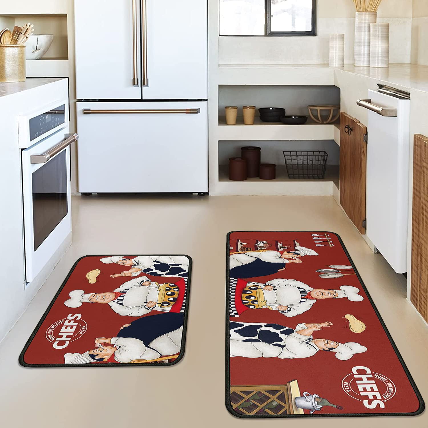 Ghroiep 2 Pieces Fat Chef Kitchen Rugs Set, Rustic Farmhouse Chef Kitchen Decor and Accessories Floor Mat, Water Absorb Microfiber Kitchen Rug Chef