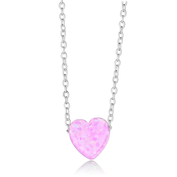 AVORA 925 Sterling Silver Simulated Pink Opal Heart Pendant Necklace with 15" Chain