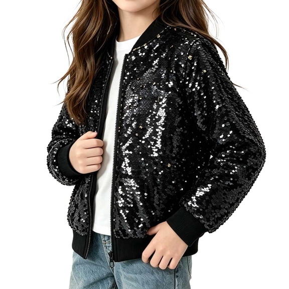 OJSFQUFP Kids Glitter Sequin Zip Up Jacket for Boy Girl Sparkly Back To School Party Coat Stage Performance Jackets