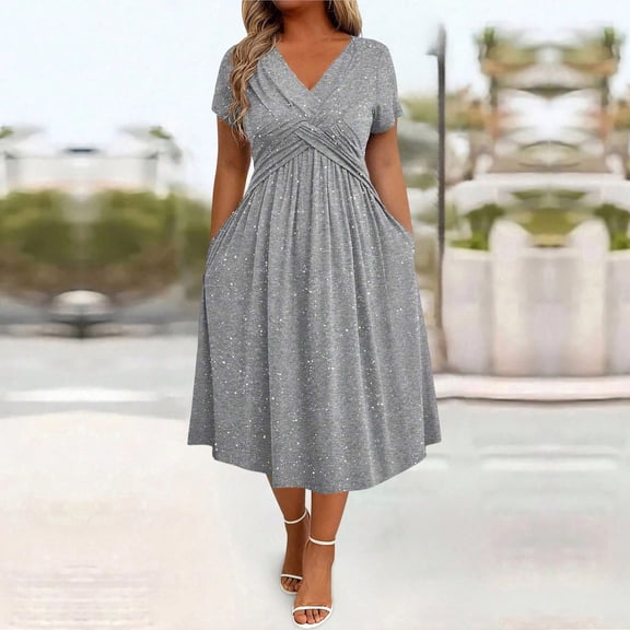 Blmnix Tent Dresses for Women Sparkly Plus Size Petticoat Gray Short Sleeve V-Neck New Years Eve Dress Women,S