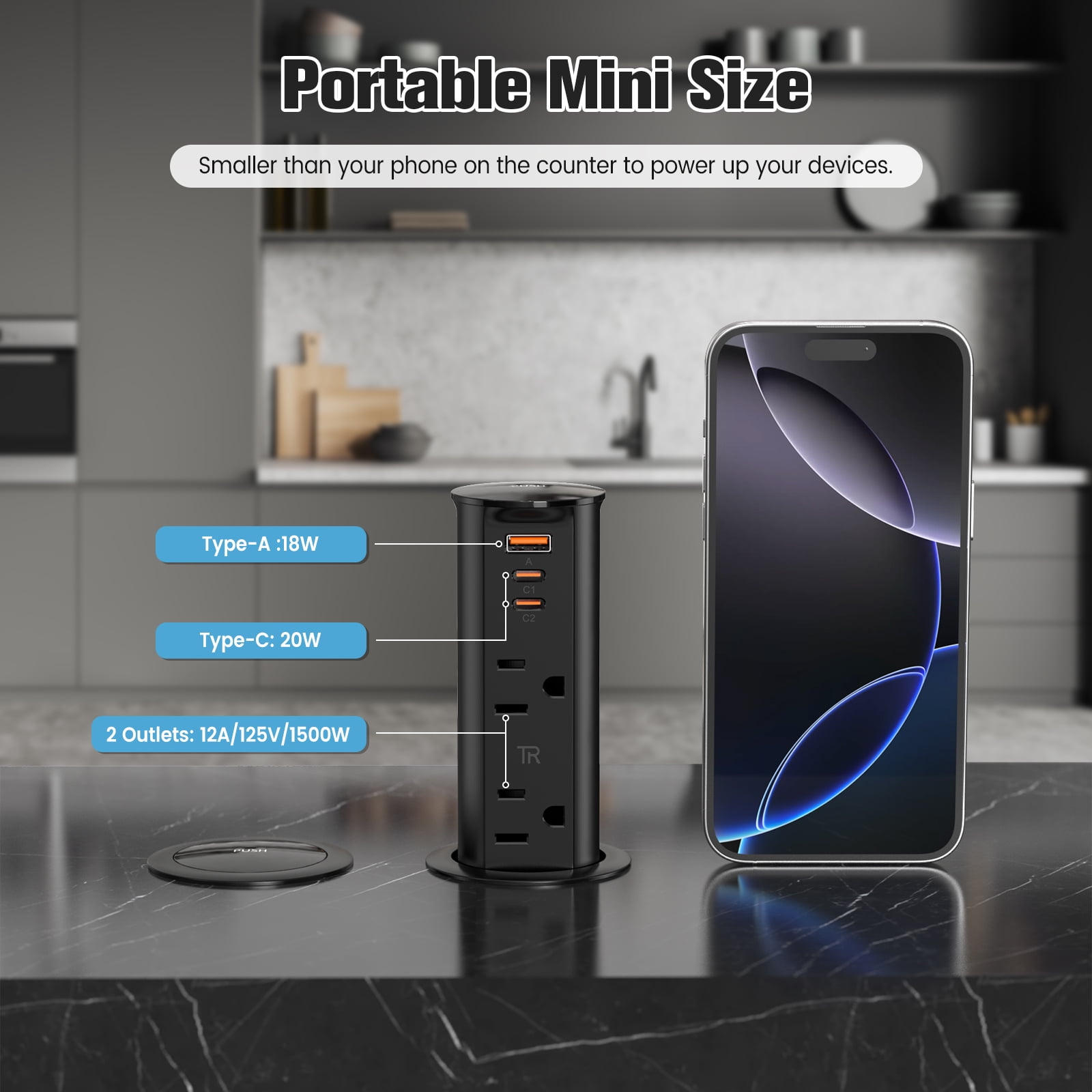 VILONG Desk Pop up Outlet Box Power Strip with 20W USB-C Fast Charging, Recessed Socket Retractable Design for Kitchen Island, Countertop,  ETL Listed, Black