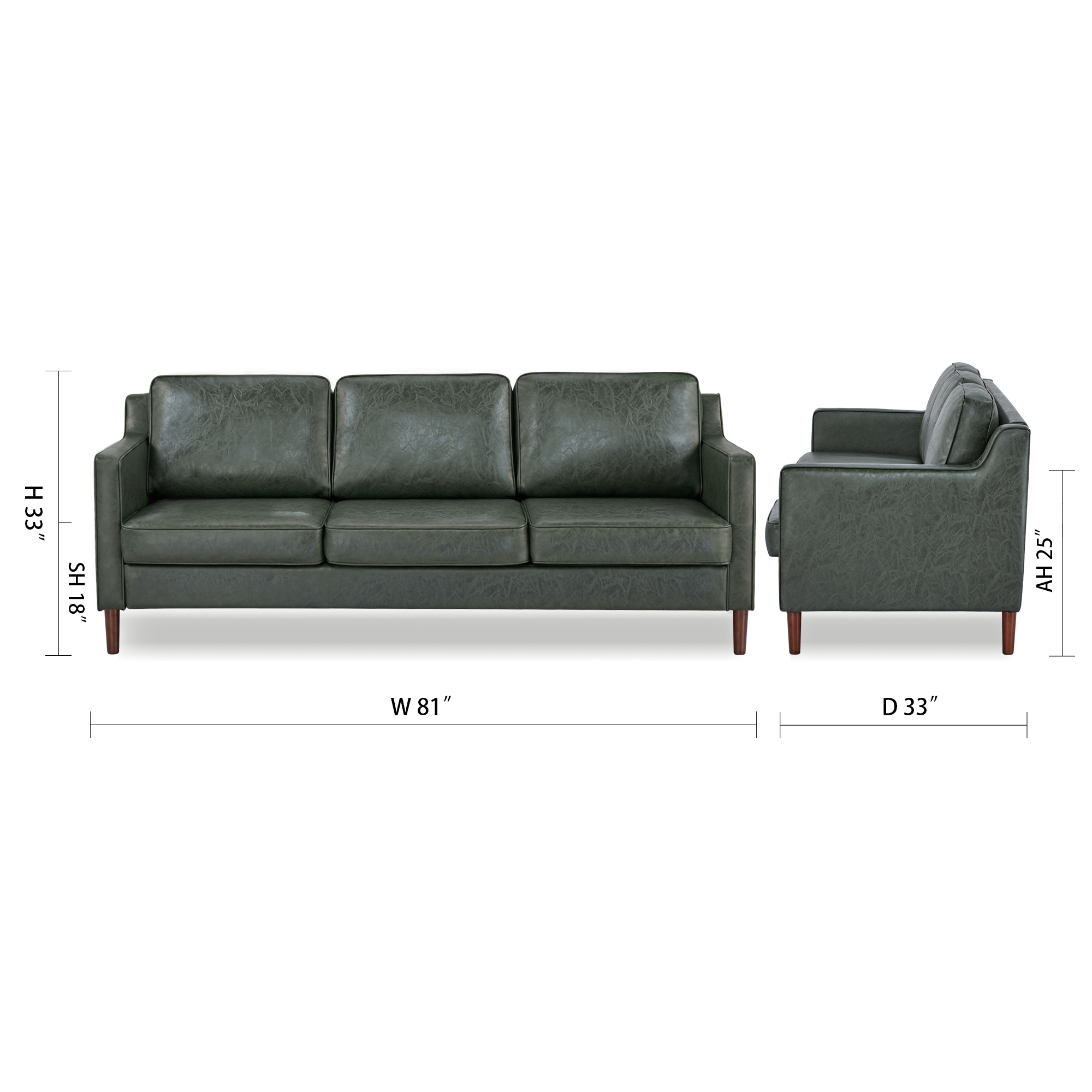 A&D Home Sedona Leaf Green Faux Leather Modern Sofa, Upholstered Contemporary Couch