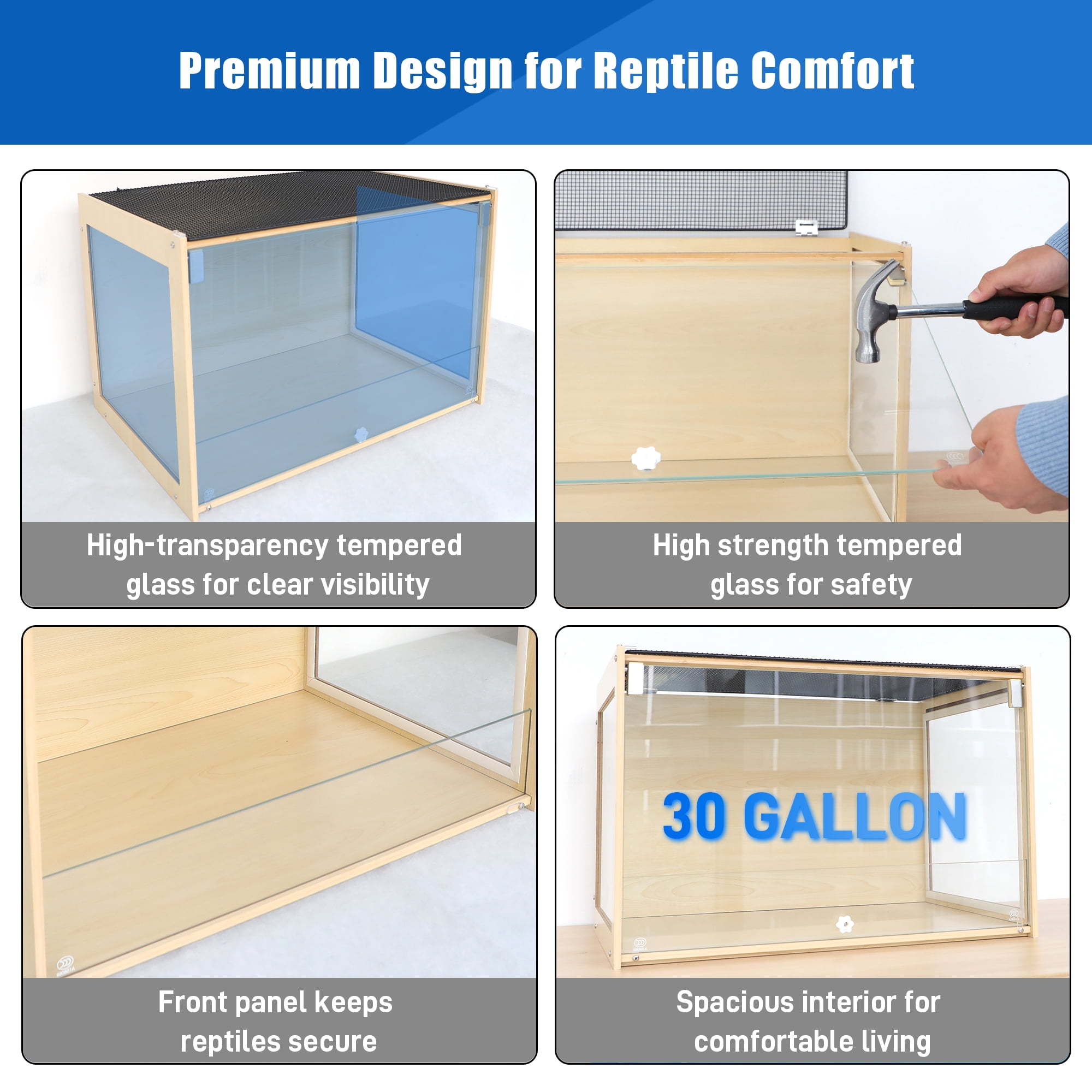 Reptile Terrarium Enclosure Bearded Dragon Tank 30Gallon, 24*16*16inch Tempered Glass Front Opening Reptile Snake Tank Enclosure Cages with Wood Frame & Metal Mesh Top for Gecko Lizard Spider Turtles