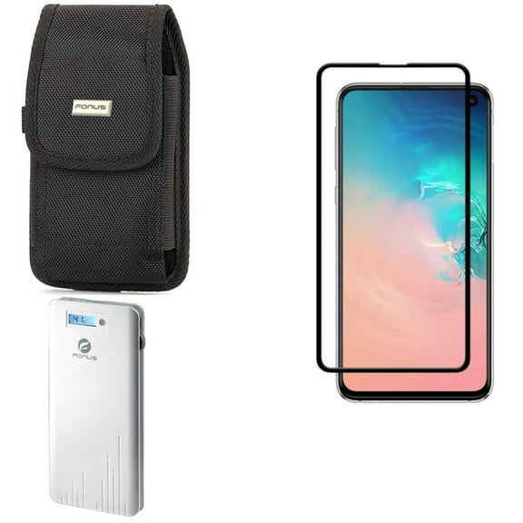 Galaxy S10e Screen Protector w Power Bank w Case Belt Clip - Tempered Glass 5D Curved Edge, 6000mAh Charger Portable, Swivel Holster Rugged for Samsung Galaxy S10e Phone