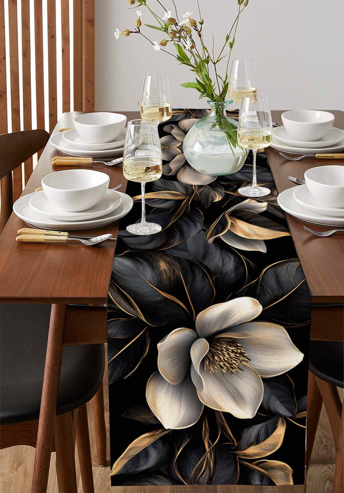 Black Gold Flower Table Runner Gradient Luxurious Floral Botanical Tablerunners 13 x 90 Inch, Table Decorations Tabletop Scarf for Summer Gathering Holiday Farmhouse Kitchen Dining Decor