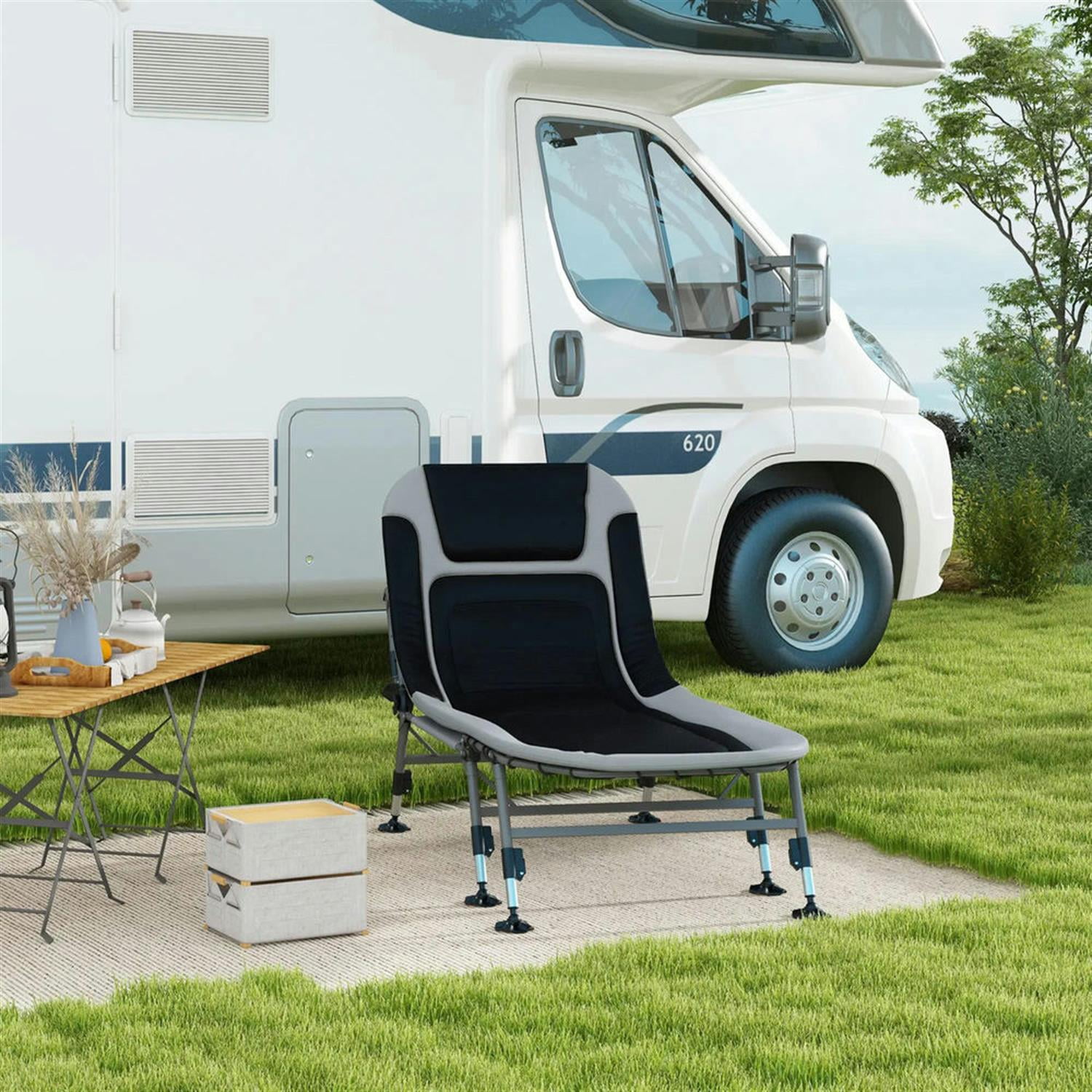 Demi Bonn Heavy Duty Camping Cot, Outdoor Portable Folding Bed with Comfortable Padded Cushion, 180° Reclining Backrest, 400 lbs Weight Limit, Gray