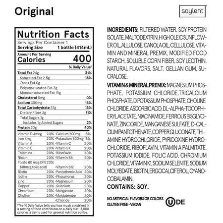 Soylent Vegan Meal Replacement Shake 14 Oz Ready to Drink Plant Protein Shakes, 12 Pack, Original