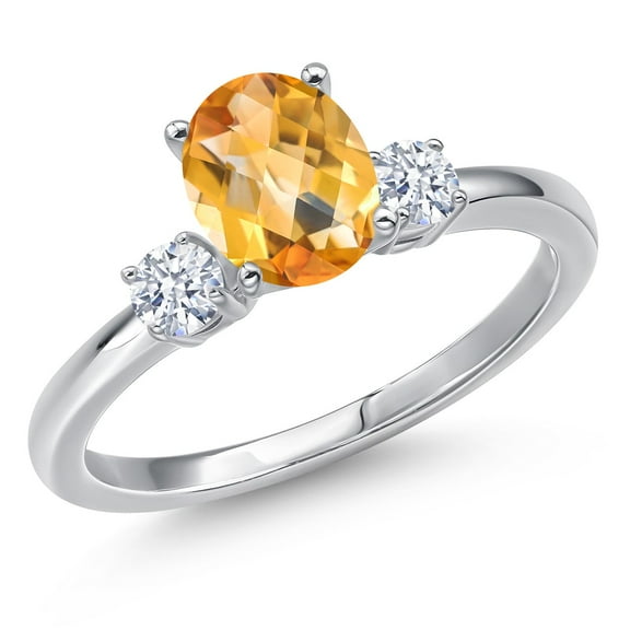 Gem Stone King 14K White Gold Yellow Citrine and White Zirconia Engagement Ring for Women | 1.47 Cttw | Oval Checkerboard 8X6MM | Gemstone November Birthstone | Size 5