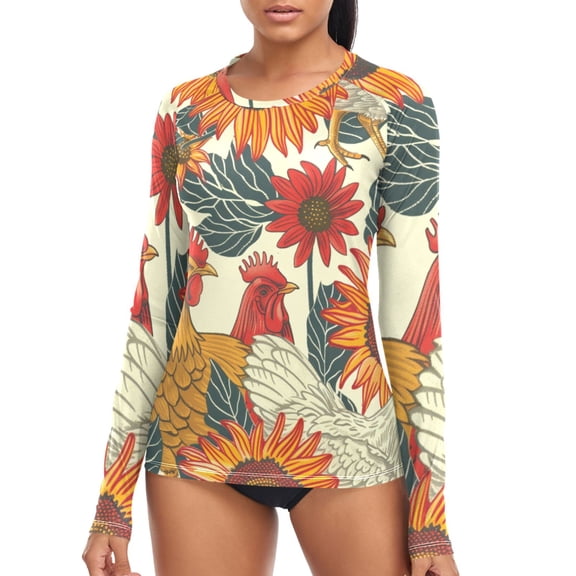joogoo Womens UPF 50  Sun Shirts Chicken and Sunflower Long Sleeve UV Protection Rash Guard Tops S