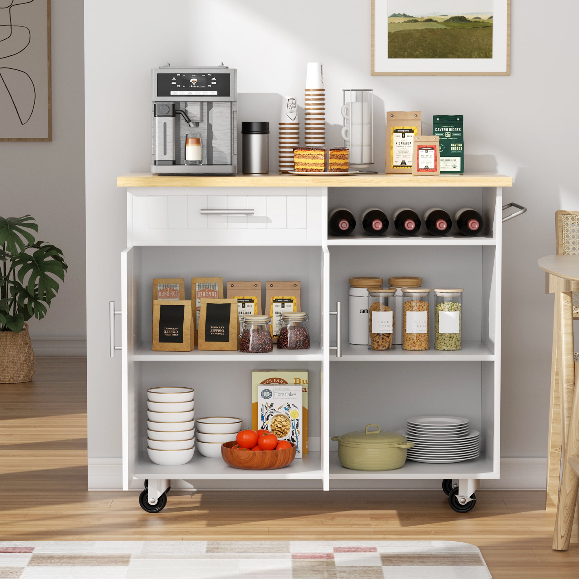 Walsunny 42" Kitchen Island Cart with Storage,Rolling Kitchen Island Side Table on Wheels with Large Worktop,Storage Cabinet,Towel Rack and Drawers,White