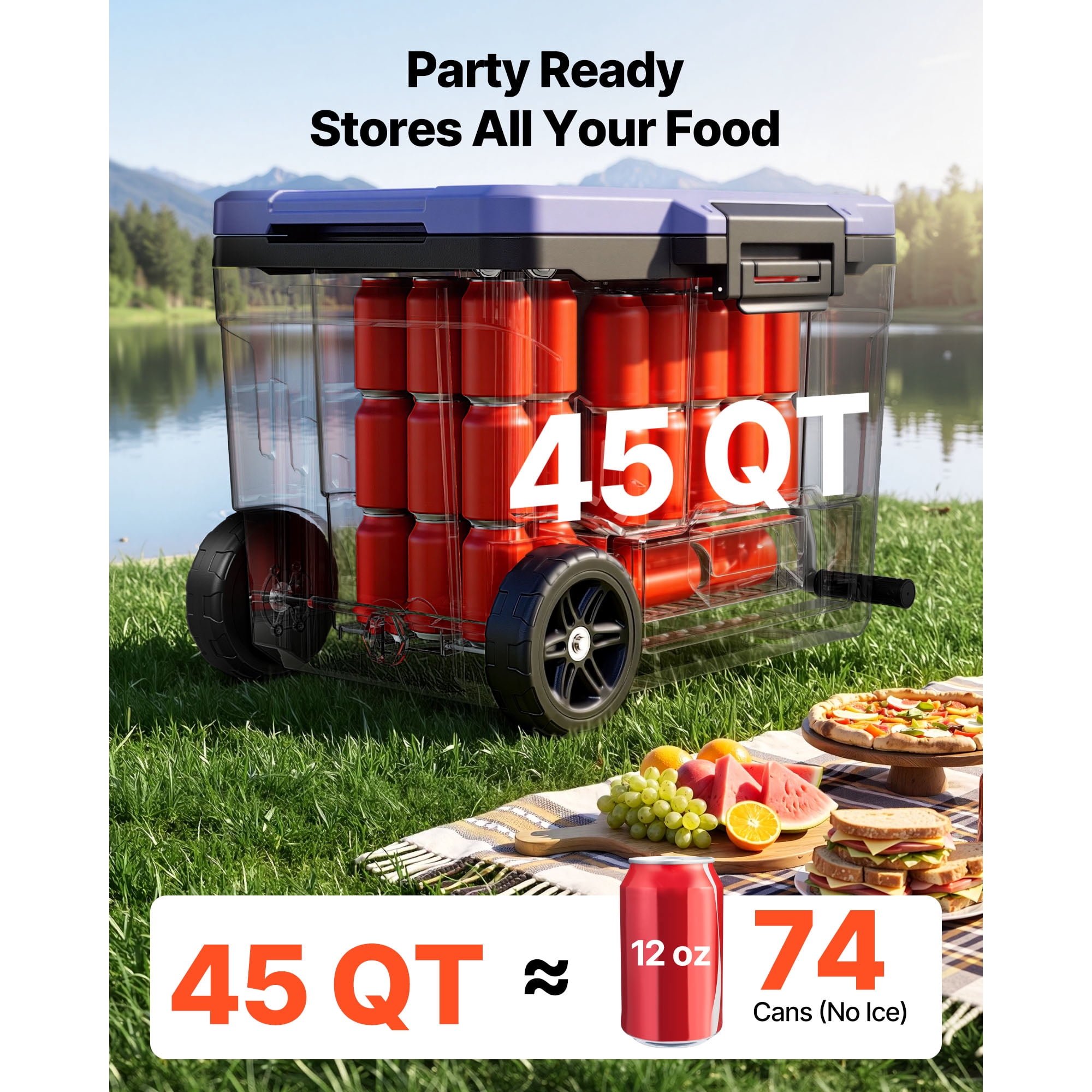 KFFKFF Hard Cooler, 45QT Portable Rolling Cooler with Wheels, Leak-Resistant Coolbox Keeps Contents Cool for 48 Hours, Ice Retention Insulated Chests, Ultra-Light for Outdoor Picnics, Grill, Camping
