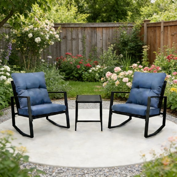 ChromaCore 3 Pieces Patio Bistro Set,Outdoor Rocking Chair with Blue Cushion for Yard,Garden,Poolside