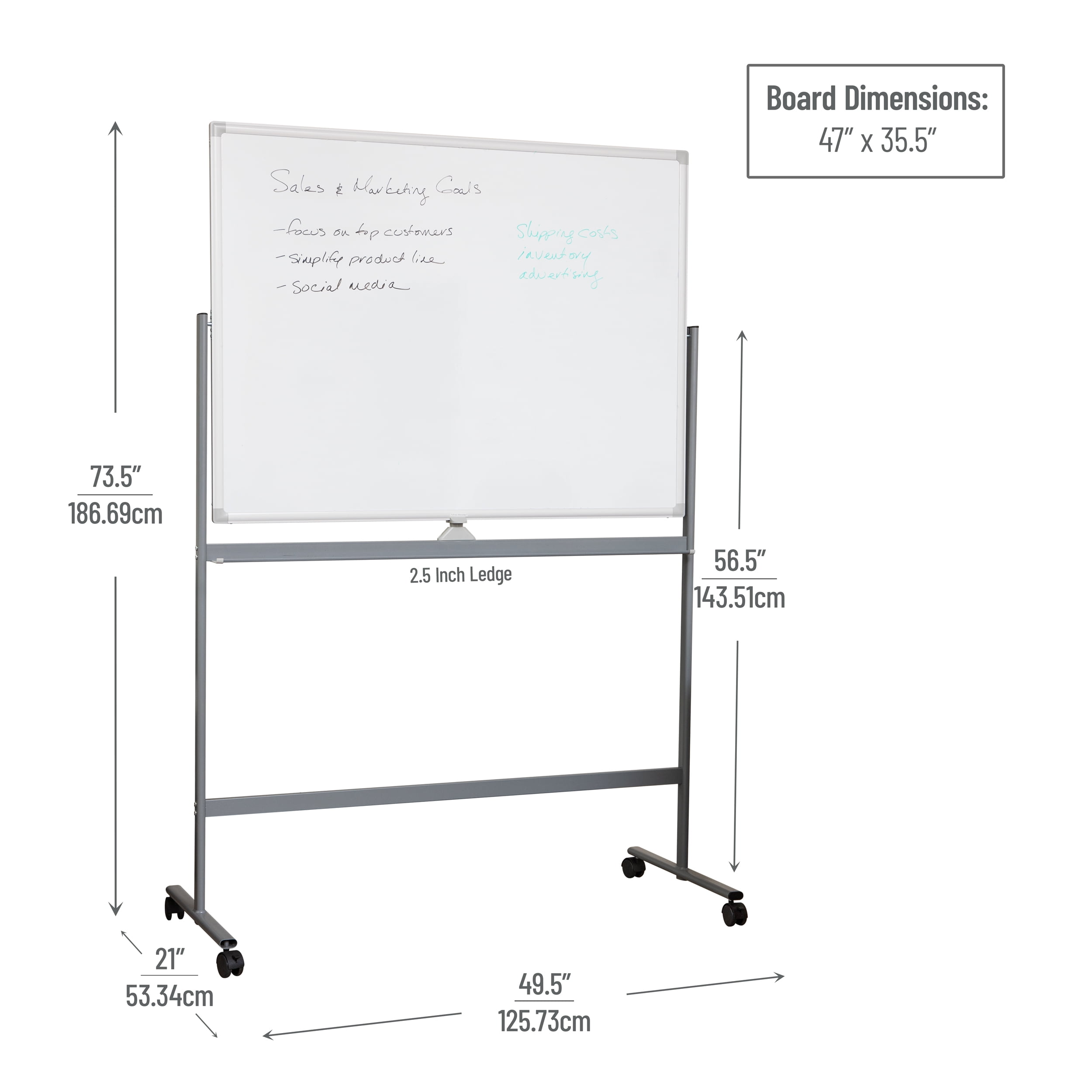 Mind Reader Rolling Double-Sided Dry Erase Magnetic Board, Board Size: 47 x 35.5, White