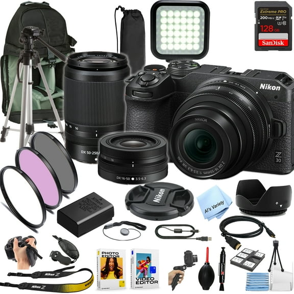 Nikon Z30 Mirrorless Digital Camera W/Nikkor Z 16-50mm & 50-250mm Lenses   128GB Extreme Memory, LED Light, Filters, Sling Case, Grip Pod, and More (Pro Photo Bundle)