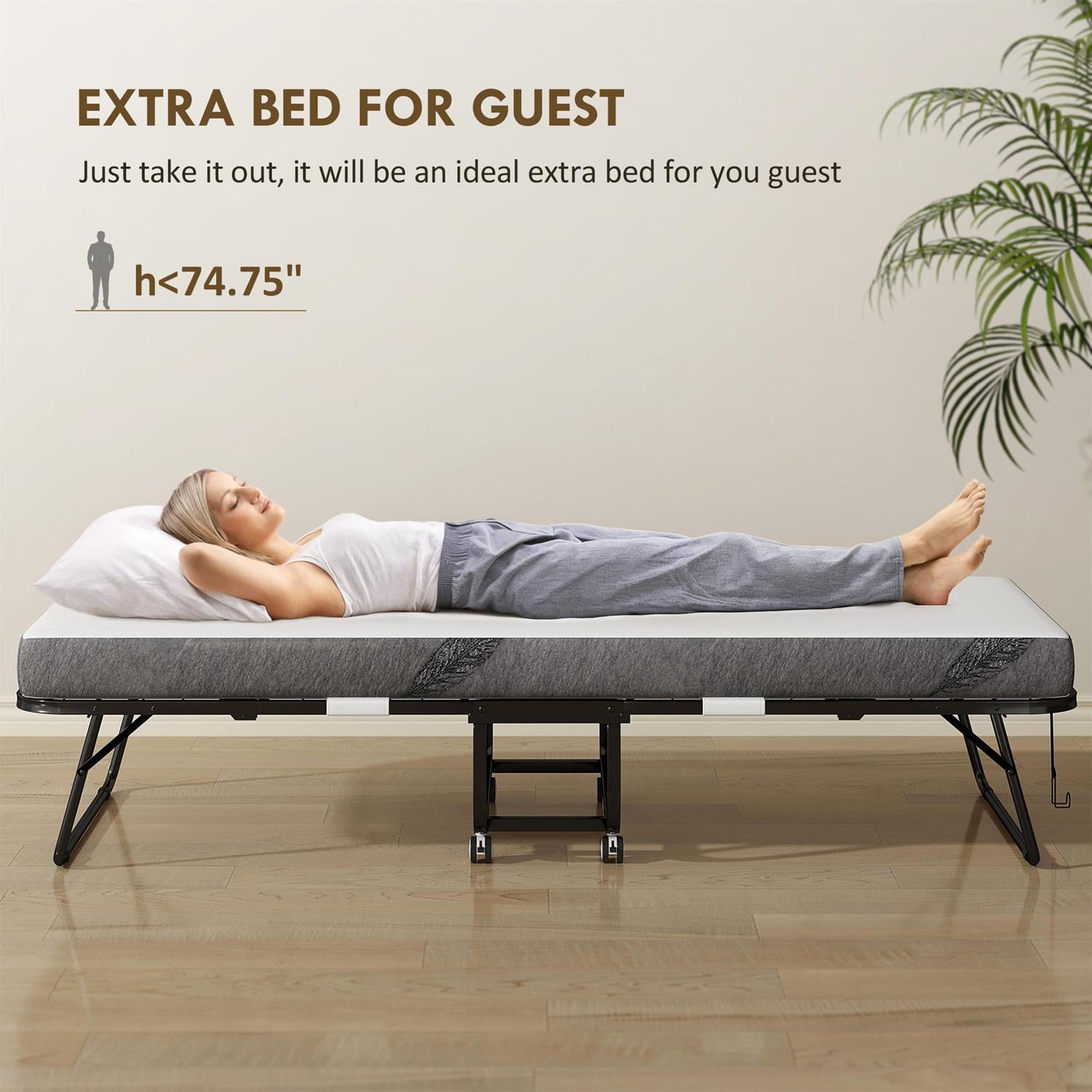 Demi Bonn 78.75" x 35.5" Folding Bed with 4.9" Thickness Mattress, Twin Size Steel Frame, Portable Roll-Away Bed for Adults, Strong Steel Construction, Black