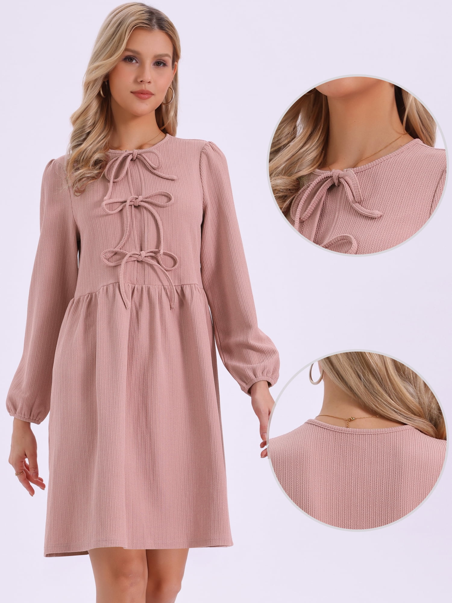 DARING DIVA Women's Fall Long Sleeve Bow Tie Front Cute Tunic Dress XS Grey Pink