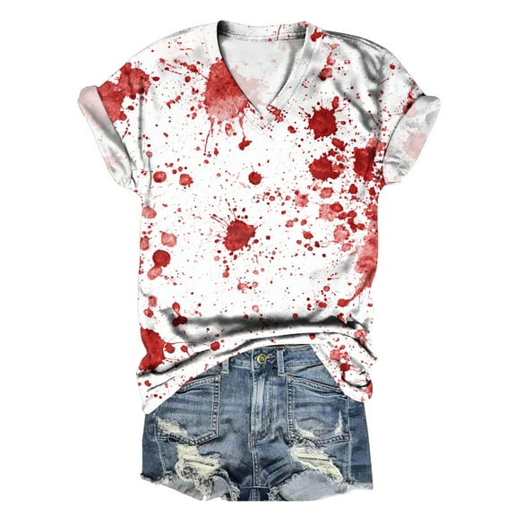 Towmus Halloween Clothes Women's v Neck Funny Tops Print Short Sleeve T-Shirt