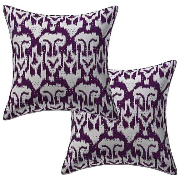 Stylo Culture Indian Decorative Throw Pillow Covers 16 x 16 Kantha Purple Printed 40cm x 40cm Home Decor Accent Pillowcase Cotton Ikat Square Cushion Covers | Set Of 2