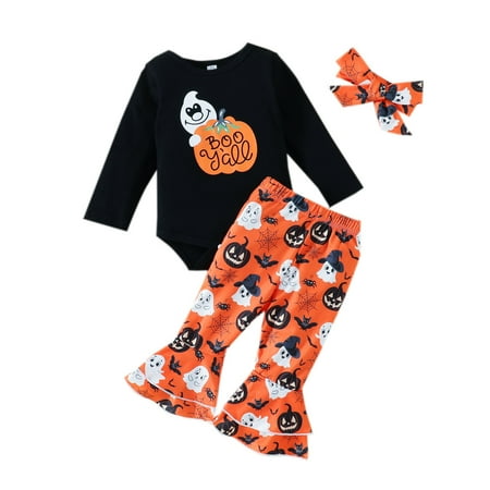 

XINSHIDE Infant Girls Set Long Sleeve Romper Bodysuits Cartoon Prints Flare Pants Headbands Newborn Outfits