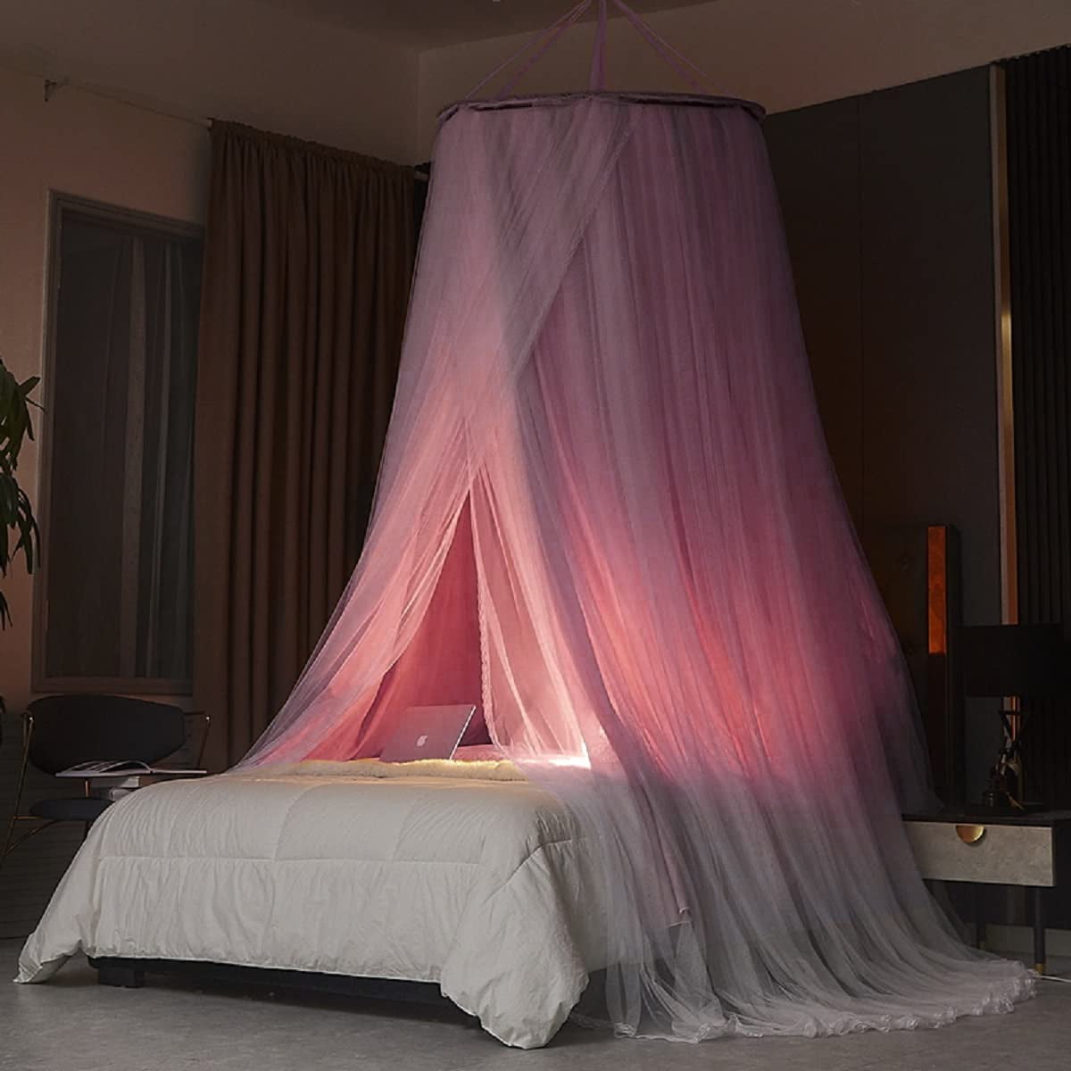 Luxurious Bed Canopy for Girls & Adults - Double Layer Princess Canopy with Lace, Round Dome Mosquito Netting for Queen/King Bed Tent (Purple)