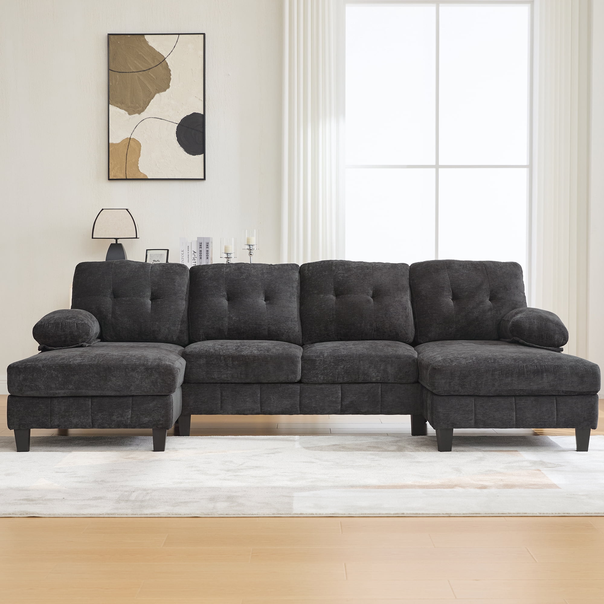Leumius U Shaped Sectional Sofa, 103.5" Chenille Fabric Couch with Double Chaise Lounges, U Shaped Couch for Living Room, Black