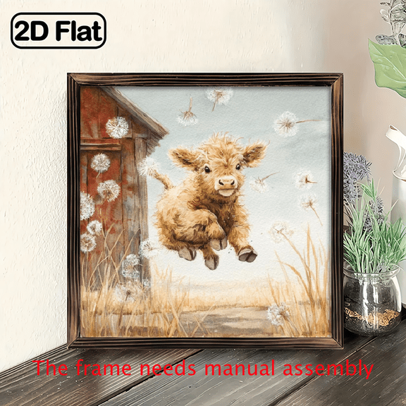 1pc Cute Watercolor Baby Highland Cow Jumping Art Print Dandelion Farm Animal Wall Decor for Nursery Kids Room Bedroom Living Room Farmhouse Decor Gift for Animal Lovers Family Friends Kids