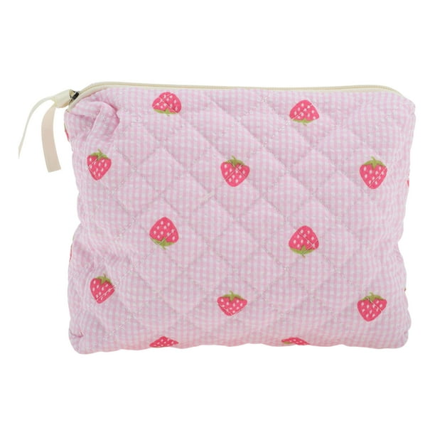 Bolsa de Maquillaje Cuadrada Mediana de Rayas Acolchadas de Fresa Única para Viajes Rosa de Poliéster