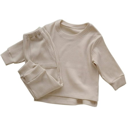 

Toddler Kids Babys Girls Boys Spring Winter Solid Ribbed Long Sleeve Pants Sweatshirt Sleepwear Set Outfits