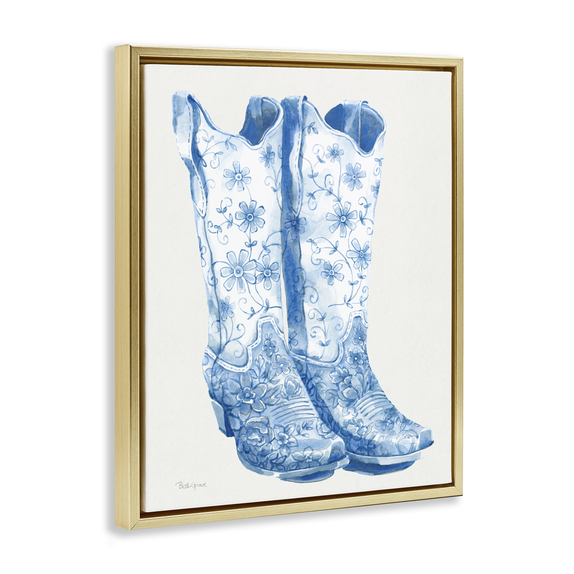 Stupell Industries Blue Boots with Floral Embroidery Gold Framed Floater Canvas Wall Art, design by Beth Grove