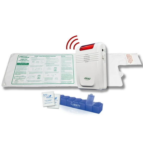 Smart Caregiver Wireless Bed Alarm System - Cordless Weight Sensing Bed Alarm Pad (10” x 30”) with Remote Alert Monitor, Free Individual Cleaning Wipes and Liberty 7 Day Pill Box