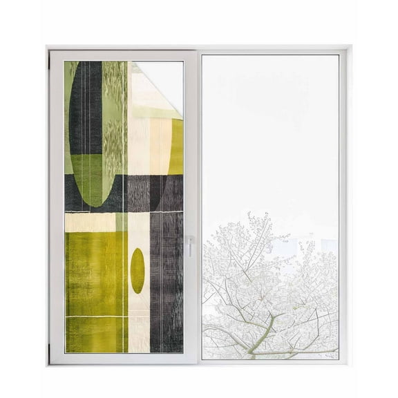Window Privacy Film Geometric Green Stained Glass Window Film Decorative Sun Block Window Cover Middle Century Simple Abstract Art Window Clings Static Adhesive Sticker for Bathroom 23.6"x59"