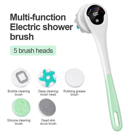 Bxaolu Electric Body Brush Back Scrubber for Shower Rechargeable Exfoliating Bath Brush Powered Shower Brush with Long Handle Deep Cleansing 5 Heads Exfoliation Massaging - Green