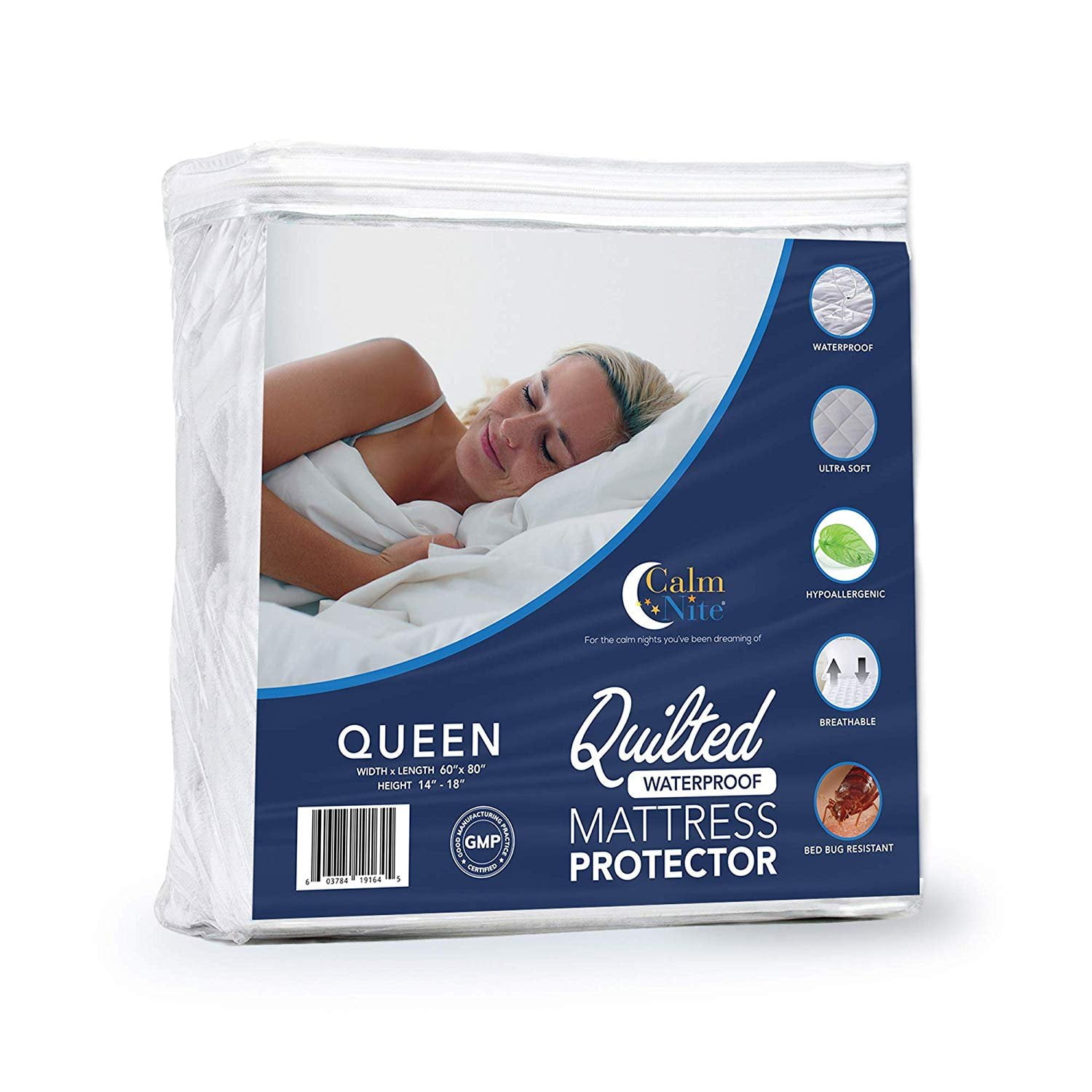 CALM NITE Waterproof Quilted Mattress Protector Queen Size Ultra-Soft ...
