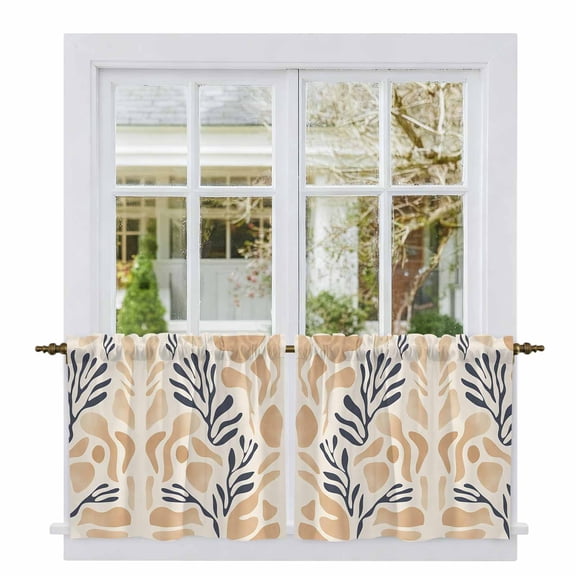 Navy Blue Beige Abstract Tier Curtains, Modern Vintage Geometric Light Filtering Kitchen Curtains, 2Pcs Rod Pocket Half Window Treatments Panels for Sink Cafe Cabinet Camper 27.5x24 Inches