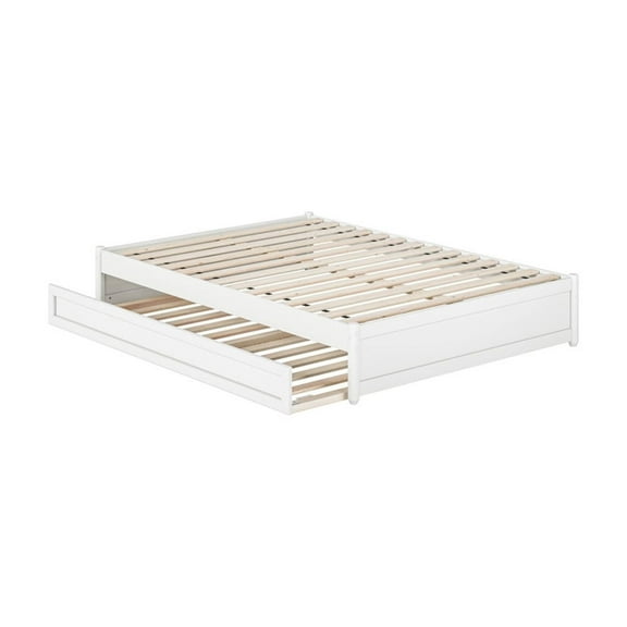 Full Panel Platform Bed w/ Twin Trundle - White Modern Bed Frame & Hidden Storage