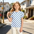 thumbnail image 2 of Vornjynx Kids Girls T-Shirt Crew Neck Puff Short Sleeve Polka Dots Summer Casual Cute Tee Light Blue Size 4, 2 of 9