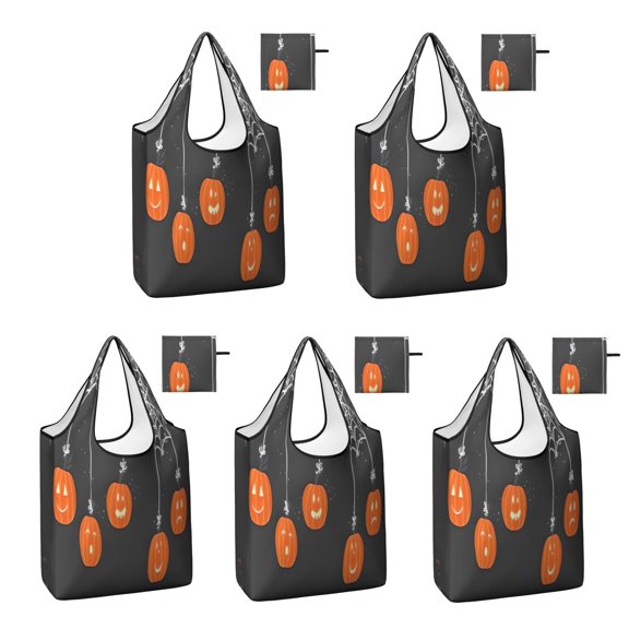 5 Pack Foldable Shopping Bag,Halloween Spider Web Pumpkin Pattern Reusable Grocery Bags with Pockets,Large Reusable Tote Bags with Handles Waterproof & Lightweight
