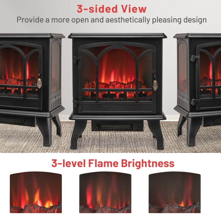 Barara King Fireplace Heater,  Indoor Fireplace, 1400W Electric Stove Heater with 3-Level Flame Effect and 3-Sided View-Black