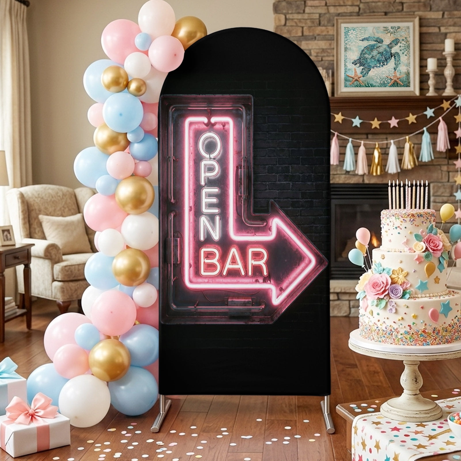 Open Bar Sign Arch Backdrop Covers 4 FT Modern Shining Red Neon Arrow Glowing Tubes Stretchy Fitted Arched Stand Covers Party Arch Stand Cover Photo Booth for Wedding Birthday Decor