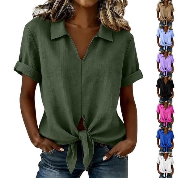 Ihhxva Women's Linen Tops Cotton Loose Fit Tie Front Blouse Casual Short Sleeve Shirt Summer Beach Vacation Flowy V-Neck Button Down S-3XL
