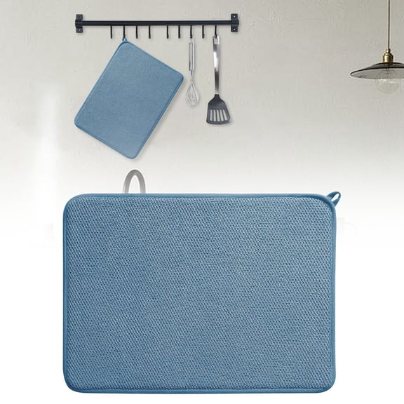 Microfiber Dish Drying Mat with Hanging Loop, 20×15 Inch Large Absorbent Washable Drainer Pad for Kitchen Counter, Heat Resistant Drainer Mats, Dishes & Utensils Drying (Blue)