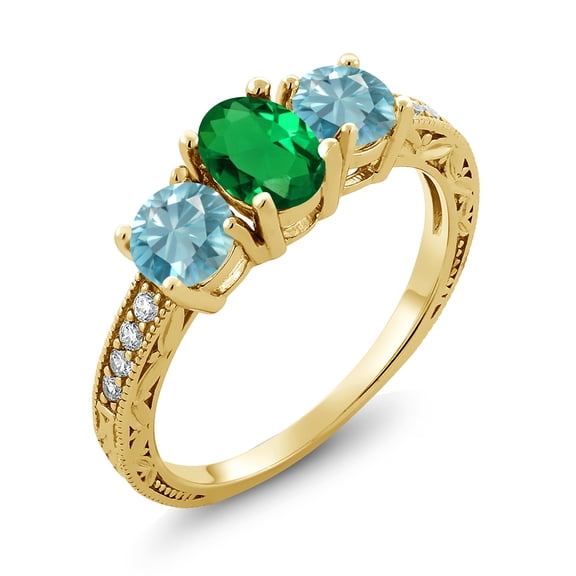 Gem Stone King 2.42 Ct Oval Green Nano Emerald Blue Zircon 18K Yellow Gold Plated Silver Moissanite Ring (Size 6)