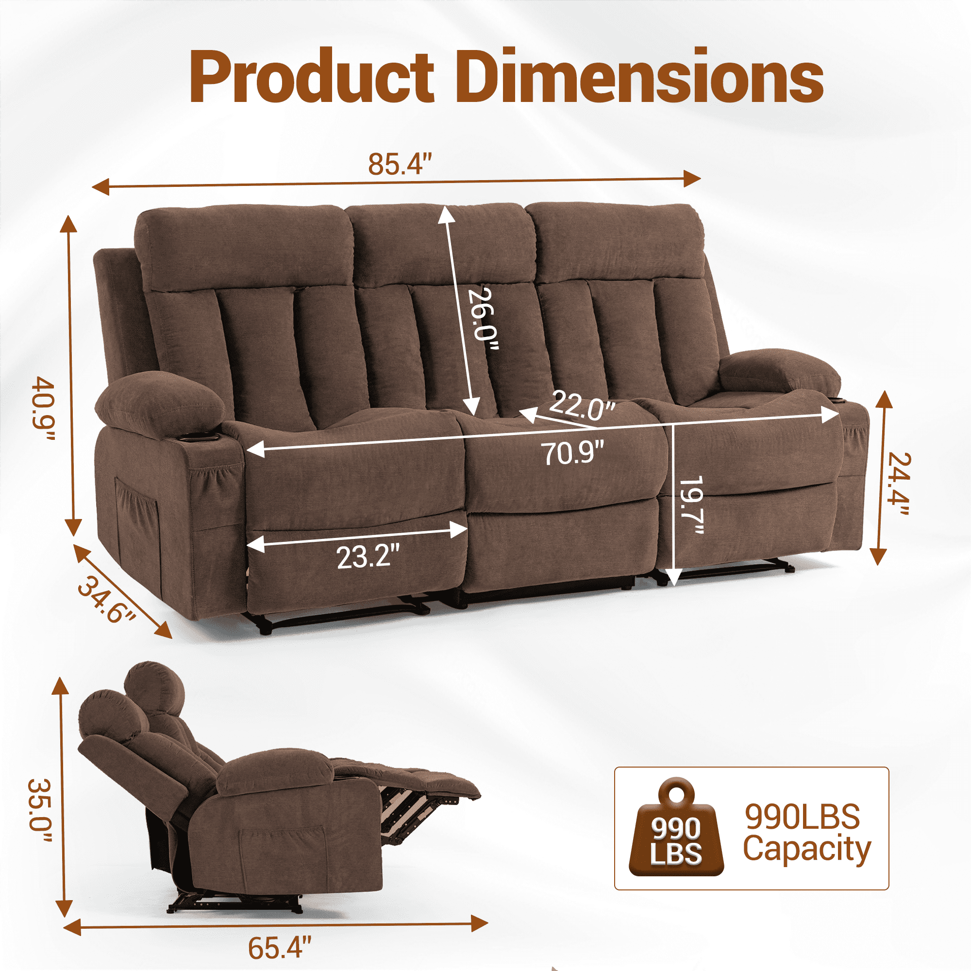 WENTUM Recliner Sofa Set, 3 Seater Recliner Sofa Chair, Manual Reclining Sofa Couch, Triple Recliner Sofa for Living Room, Home Theater, Small Spaces, Brown