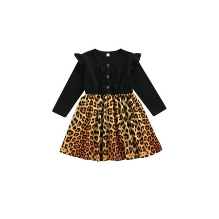 

Baby Girl Dress Long Ruffle Sleeve Round Neck Buttons Loose Casual Leopard A-Lined Midi