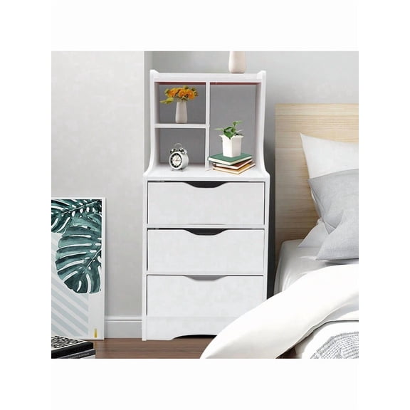 White 3-Drawer Bedroom Nightstand With Open Shelf Storage