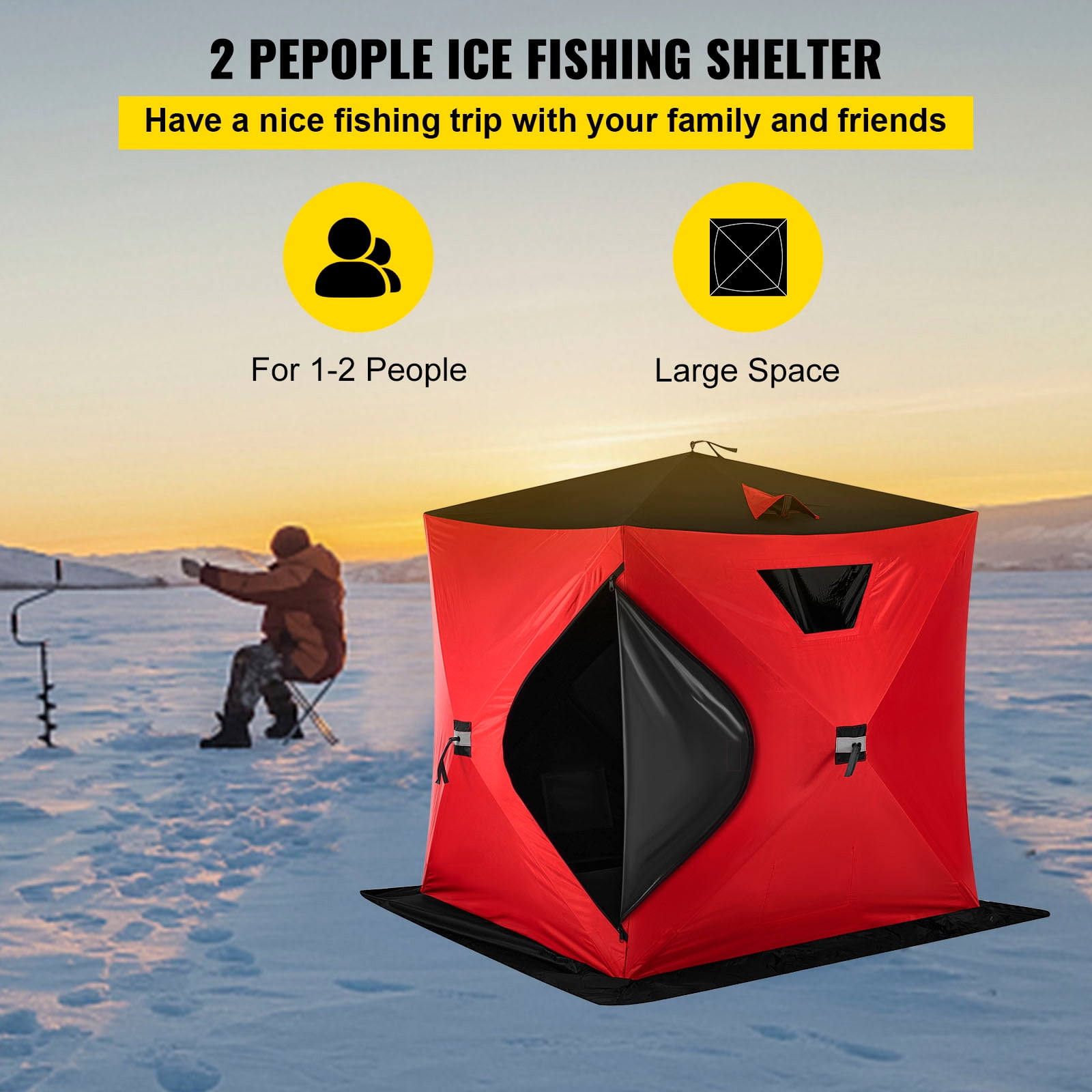 Happybuy Ice Fishing Tent Waterproof Pop-up 2/3/4/8 Person Shanty Window w Carrying Bag Ice Shelter Fishing Tent with Detachable Ventilation Windows Frost Resisting Oxford Fabric Zippered Door 